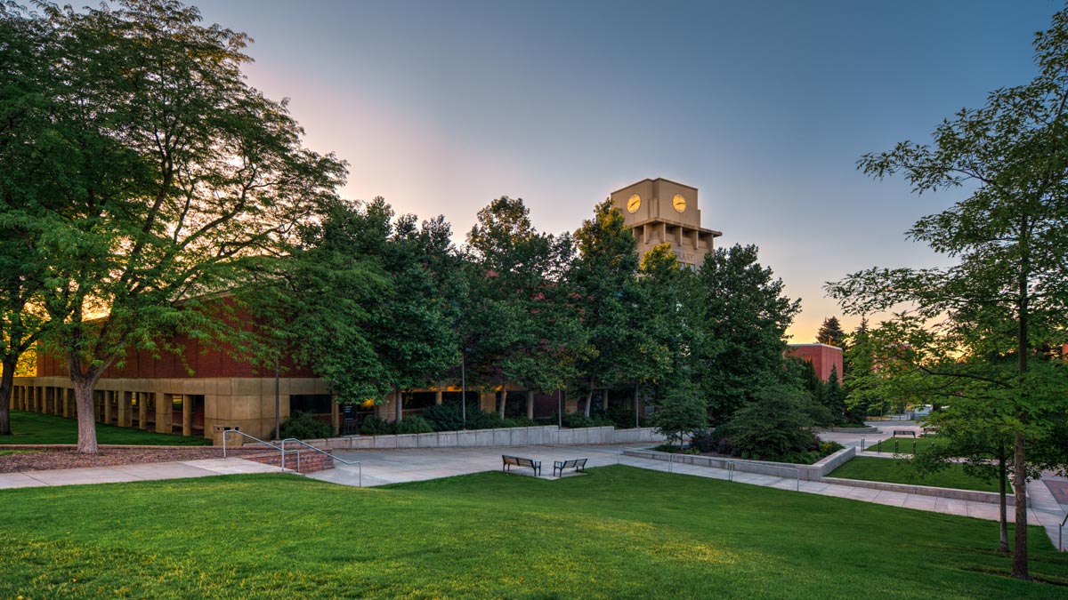 The U of I Library at sunset.