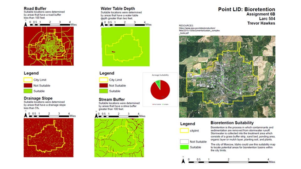 Poster by Landscape Architecture student Trevor Hawkes showing suitable locations for bioretention (the removal of contaminants from stormwater runoff)  in Moscow ID, an assignment from Larc 504. 