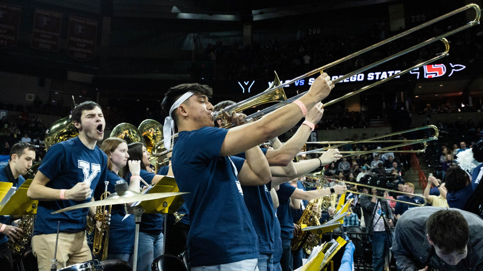 VMB students play their instruments to support Yale during the NCAA Men's Basketball tournament.