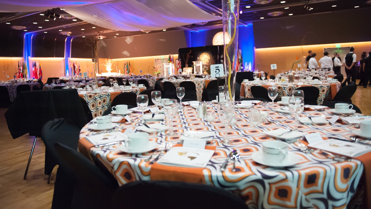 Empty Tables prepared for a banquet in the International Ballroom